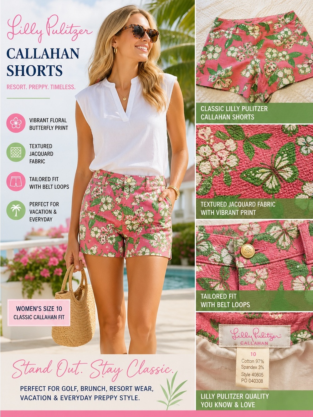 Lilly Pulitzer Callahan Shorts Womens 10 Pink Green Floral Resort Preppy